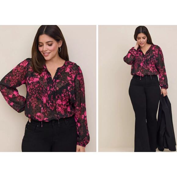 Torrid Chiffon Clip Dot Button-Front Blouse Floral Black Size 1X - Picture 1 of 8